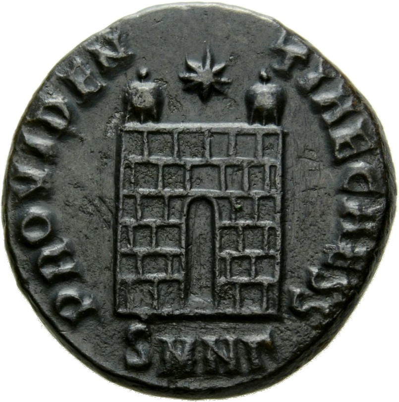 Constantine I reverse — Camp gate with two turrets, without doors, with varying number of stone layers; star above