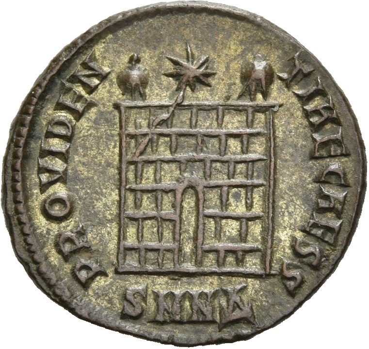 RIC VII Nicomedia 94 Constantine I reverse, Camp gate with two turrets, without doors, with varying number of stone layers...