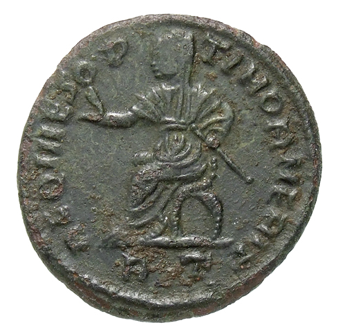 RIC VII Rome 104 Licinius reverse, Maximian, veiled, draped, seated left in curule chair, raising right hand and holding s...