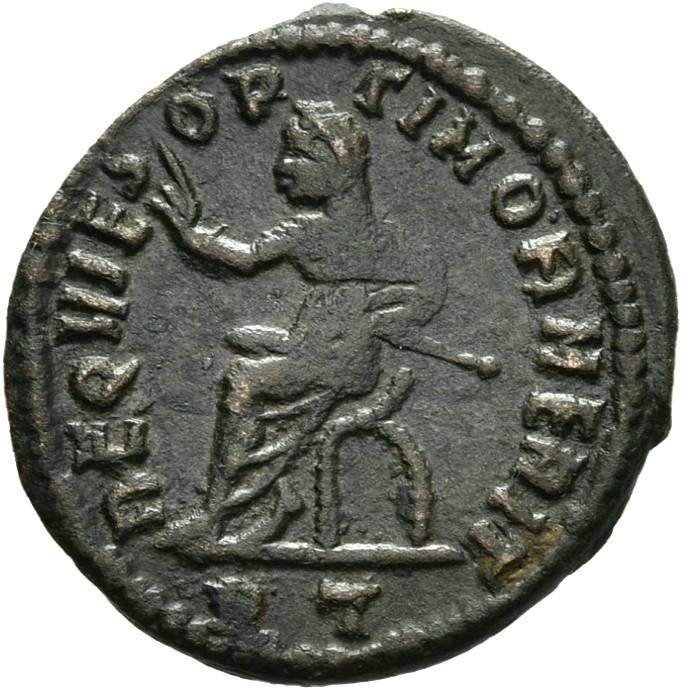 RIC VII Rome 105 Licinius reverse, Constantius Chlorus, veiled, draped, seated left in curule chair, raising right hand an...