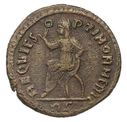 RIC VII Rome 106 Licinius reverse, Claudius II Gothicus, veiled, draped, seated left in curule chair, raising right hand a...