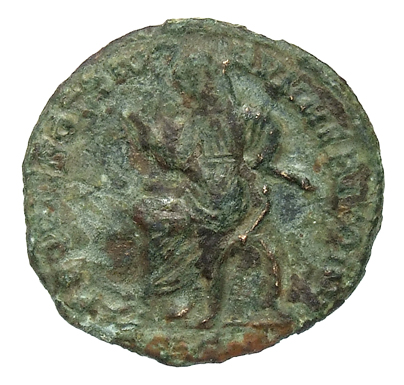 RIC VII Rome 107 Licinius reverse, Maximian, veiled, draped, seated left in curule chair, raising right hand and holding s...