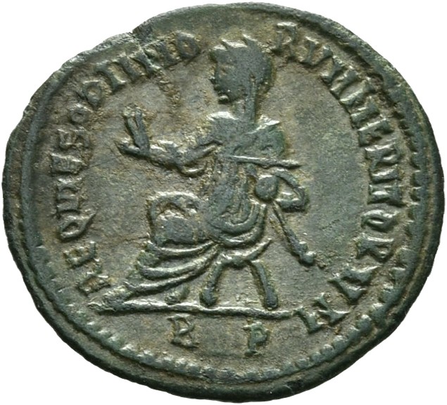 RIC VII Rome 108 Licinius reverse, Constantius Chlorus, veiled, draped, seated left in curule chair, raising right hand an...