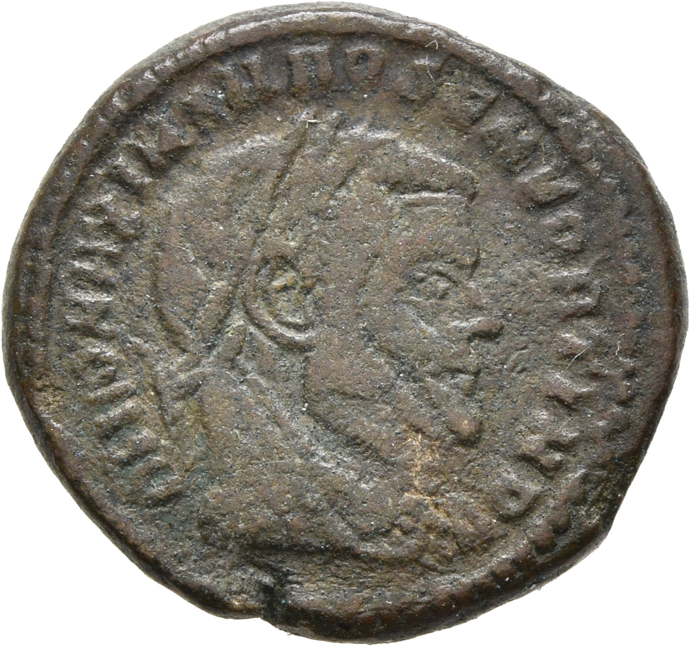 RIC VII Rome 110 Licinius obverse, Head of Maximian, veiled, laureate, right