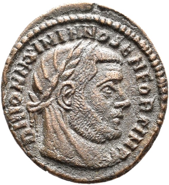 RIC VII Rome 110 Licinius obverse, Head of Maximian, veiled, laureate, right