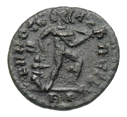 RIC VII Rome 12 Licinius reverse, Mars, helmeted, nude, chlamys flying, advancing right, head left, dragging captive by ha...