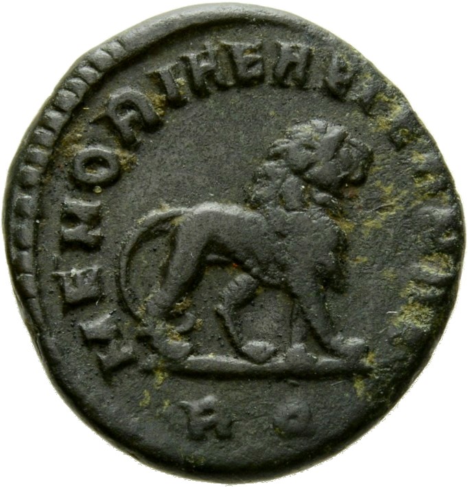 RIC VII Rome 122 Licinius reverse, Lion, advancing right; above, club