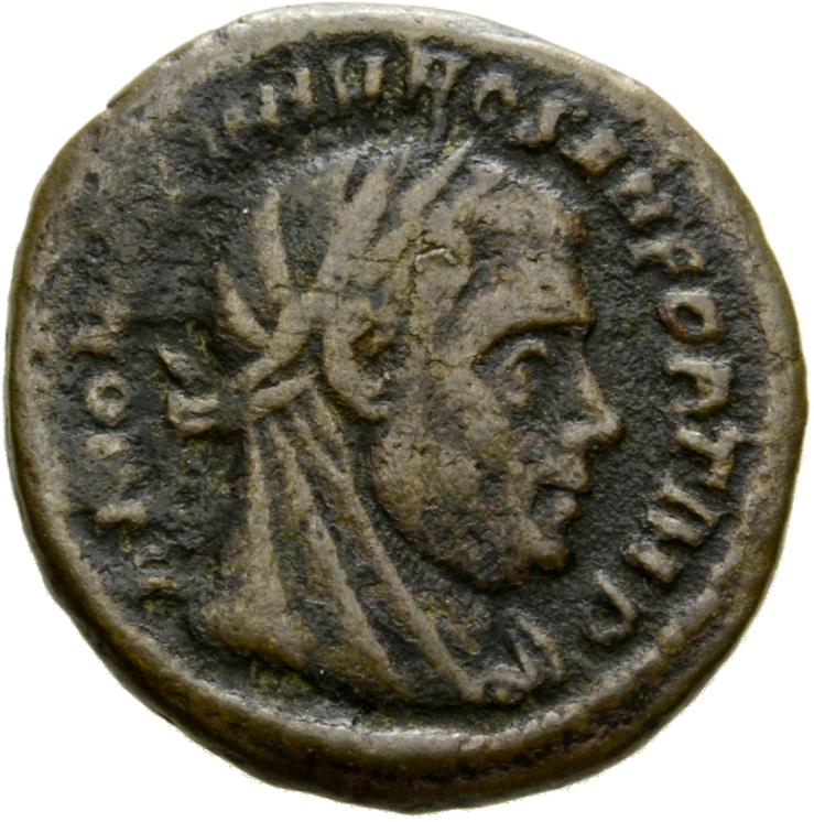 RIC VII Rome 123 Licinius obverse, Head of Maximian, veiled, laureate, right