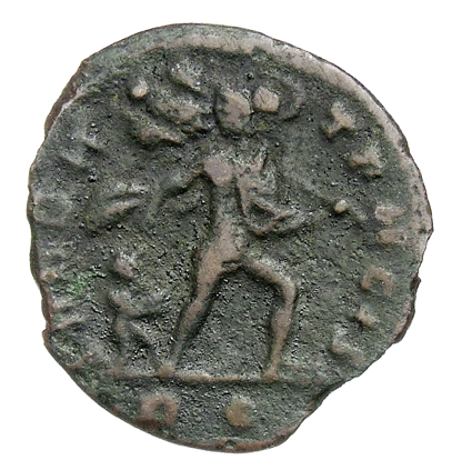 RIC VII Rome 13 Licinius reverse, Mars, helmeted, nude, chlamys flying, advancing right, head left, dragging captive by ha...