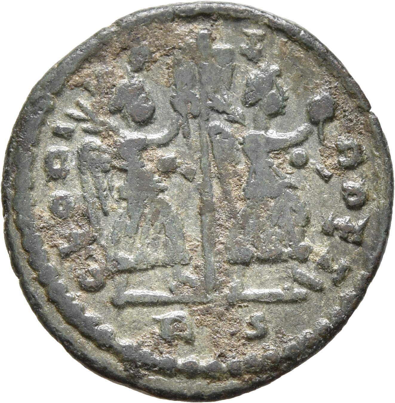 RIC VII Rome 14 Licinius reverse, Two Victories, winged, draped, advancing right, both holding wreath in right hand and br...
