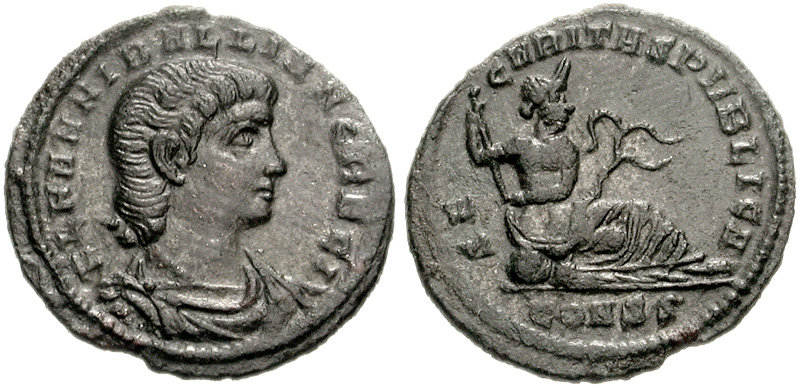 RIC VII Rome 147 Licinius reverse, Roma, helmeted, draped, seated right, holding shield in lap inscribed X/V