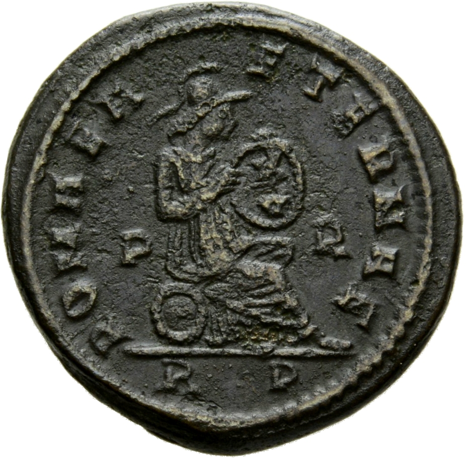 RIC VII Rome 154 Licinius reverse, Roma, helmeted, draped, seated right, holding shield in lap inscribed X/V