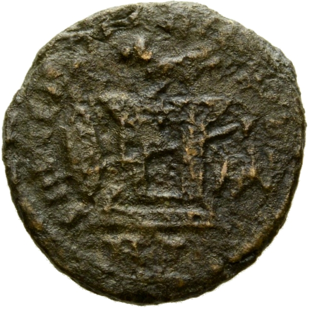RIC VII Rome 16 Licinius reverse, Altar with owl, spear across altar; to left, shield; to right, helmet