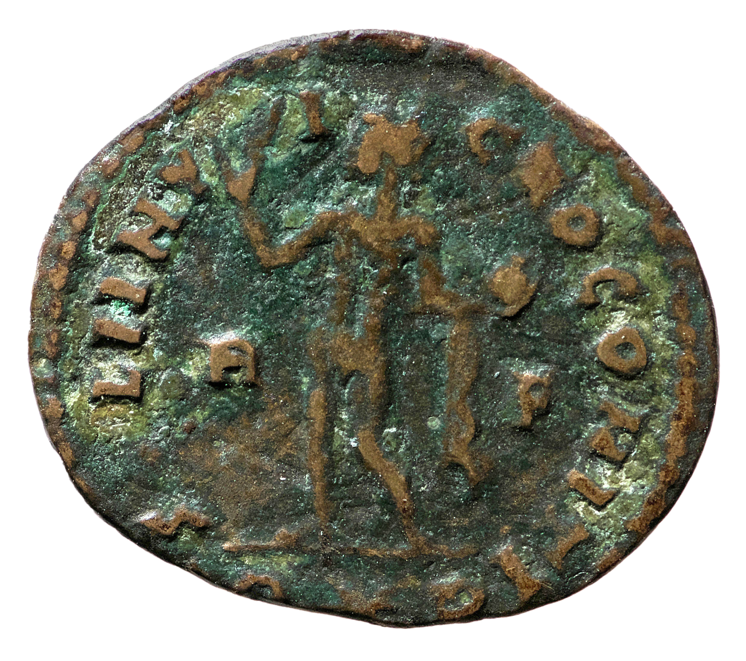 RIC VII Rome 18 Licinius reverse, Sol, radiate, chlamys draped across left shoulder, standing left, raising right hand and...