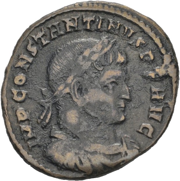 RIC VII Rome 18 Licinius obverse, Bust of Constantine I, laureate, draped, cuirassed, right, seen from behind