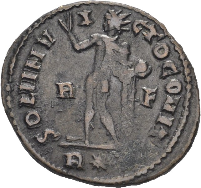 RIC VII Rome 18 Licinius reverse, Sol, radiate, chlamys draped across left shoulder, standing left, raising right hand and...