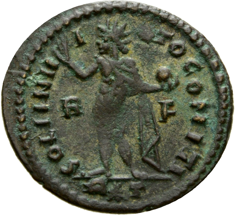 RIC VII Rome 19 Licinius reverse, Sol, radiate, chlamys draped across left shoulder, standing left, raising right hand and...