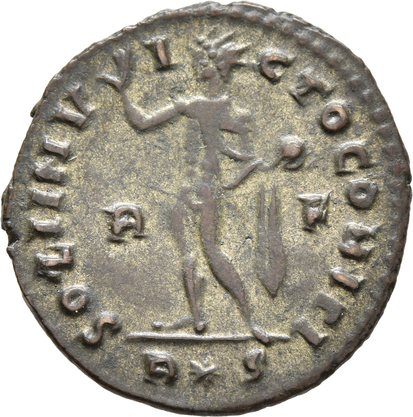 RIC VII Rome 19 Licinius reverse, Sol, radiate, chlamys draped across left shoulder, standing left, raising right hand and...