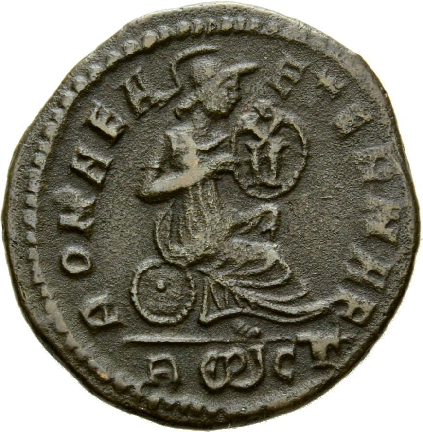 RIC VII Rome 194 Licinius reverse, Roma, helmeted, draped, seated left, holding shield on knees inscribed X/V