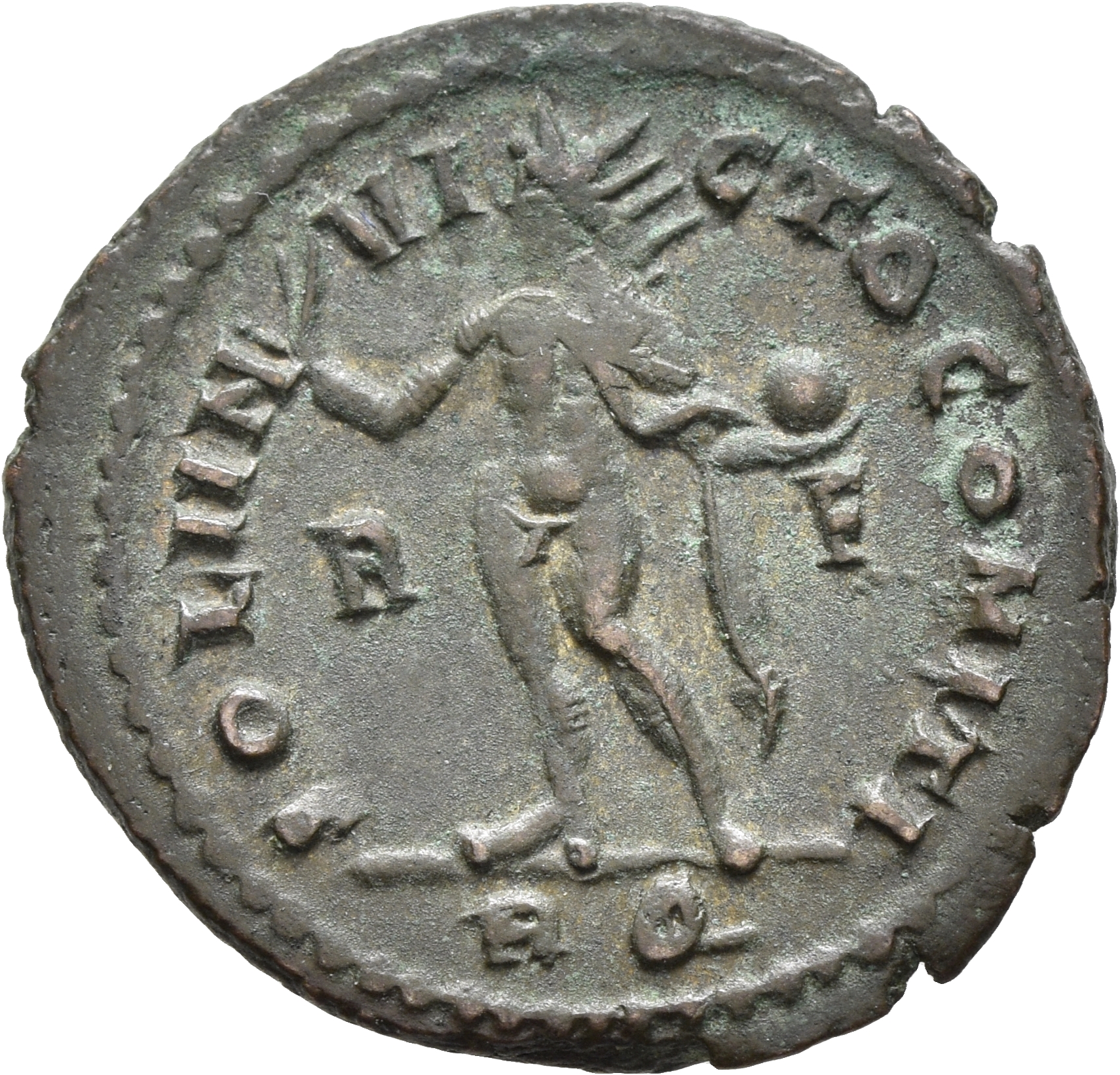 RIC VII Rome 2 Licinius reverse, Sol, radiate, chlamys draped across right shoulder, standing left, raising right hand and...