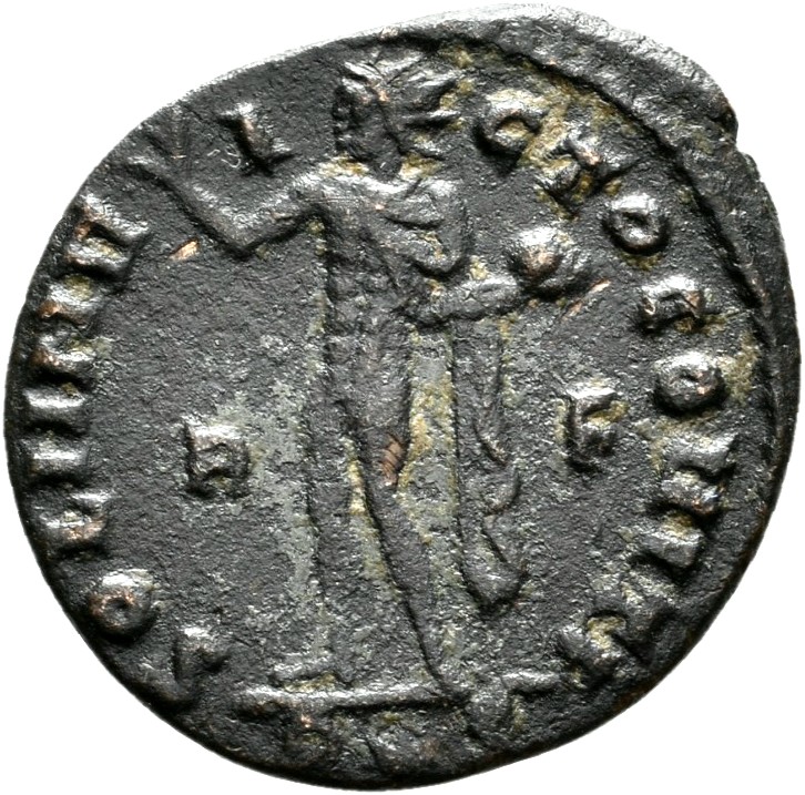 RIC VII Rome 2 Licinius reverse, Sol, radiate, chlamys draped across right shoulder, standing left, raising right hand and...