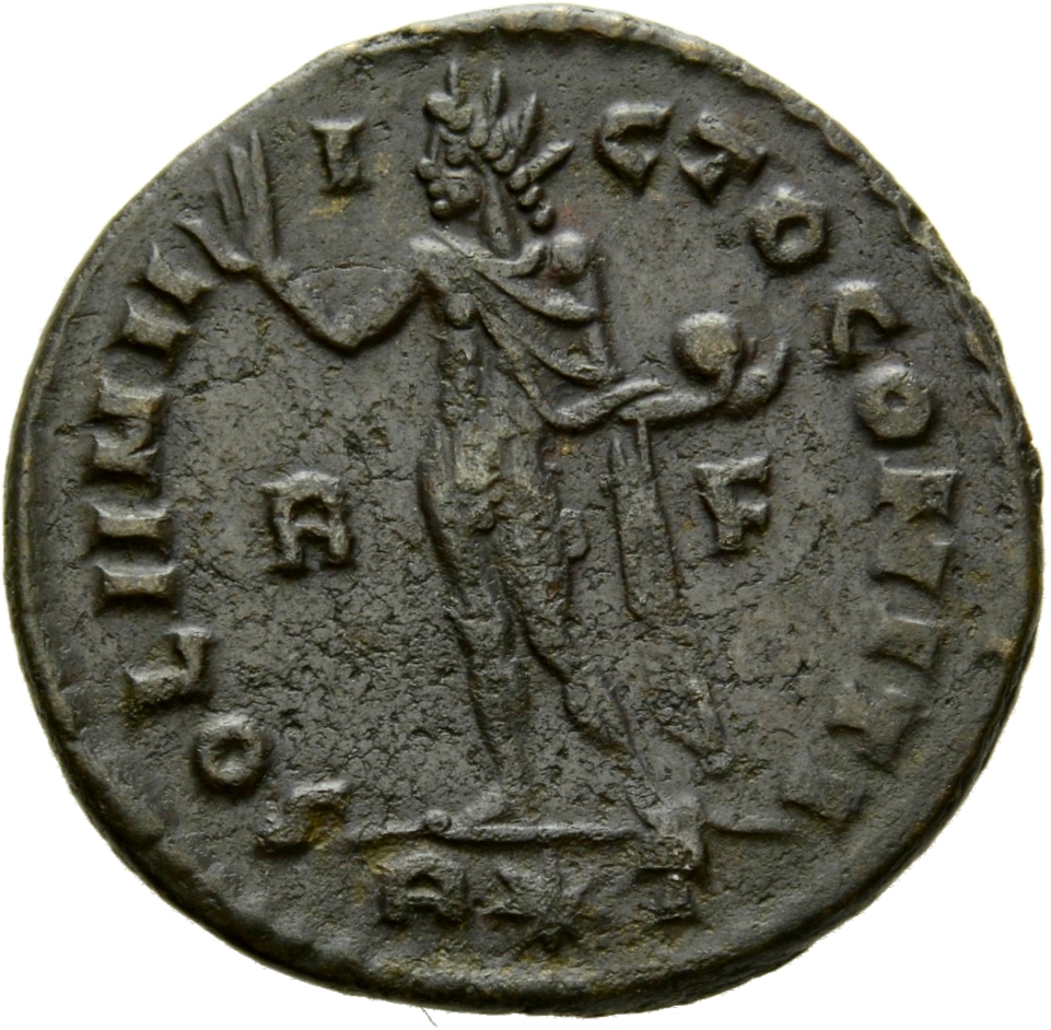 RIC VII Rome 22 Licinius reverse, Sol, radiate, chlamys draped across left shoulder, standing left, raising right hand and...