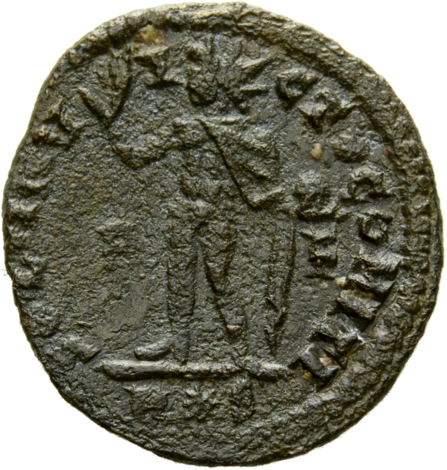 RIC VII Rome 23 Licinius reverse, Sol, radiate, chlamys draped across left shoulder, standing left, raising right hand and...