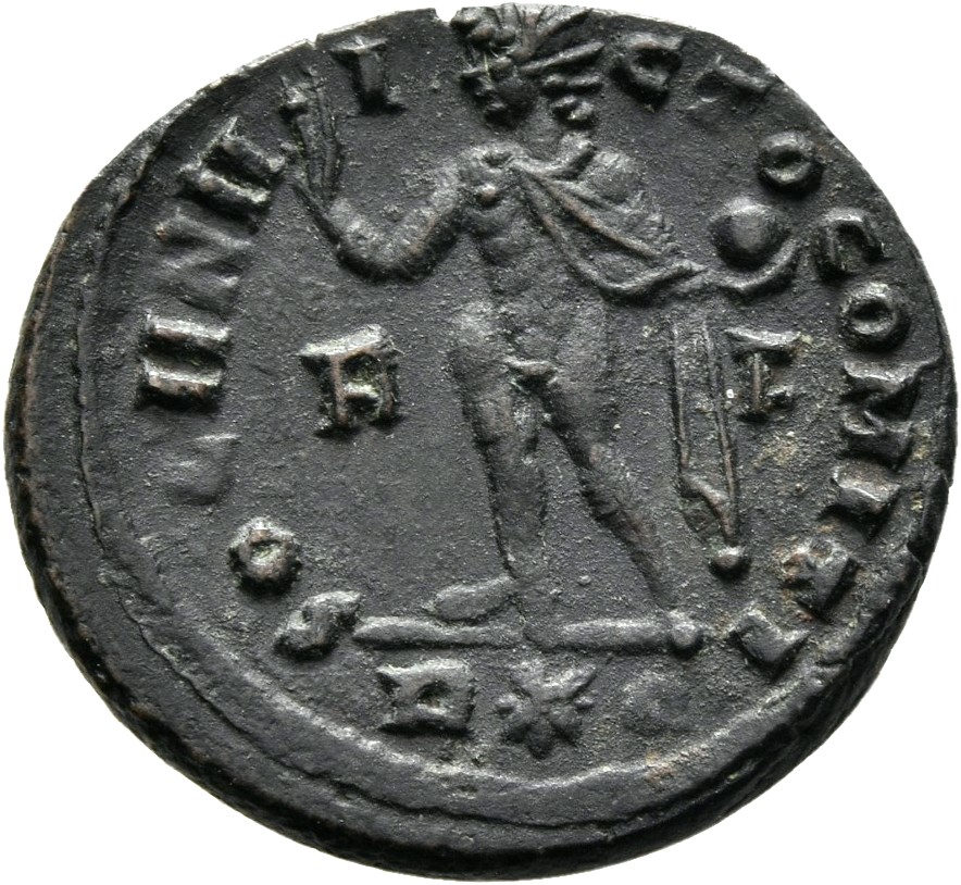 RIC VII Rome 23 Licinius reverse, Sol, radiate, chlamys draped across left shoulder, standing left, raising right hand and...