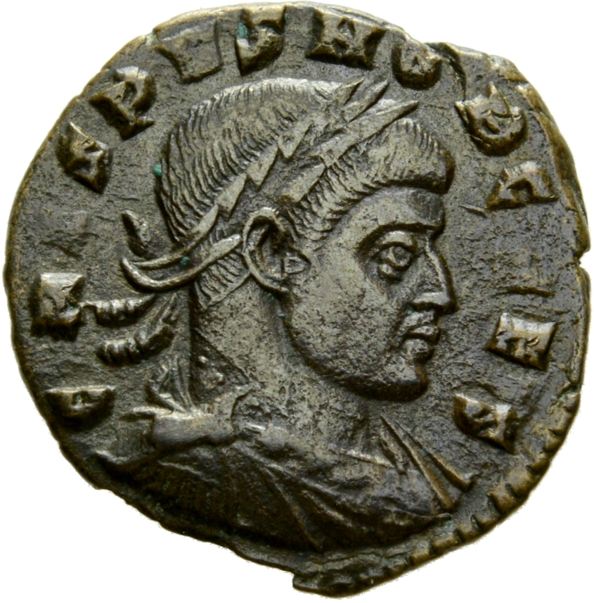 RIC VII Rome 238 Licinius obverse, Bust of Crispus, laureate, draped, cuirassed, right