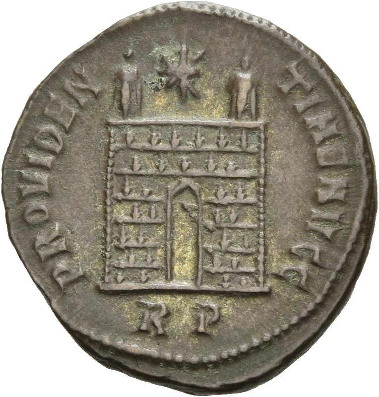 RIC VII Rome 264 Constantine I reverse, Camp gate with two turrets, without doors, with varying stone layers; star above