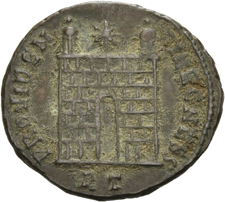 RIC VII Rome 266 Constantine I reverse, Camp gate with two turrets, without doors, with varying stone layers; star above