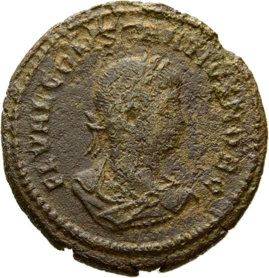 RIC VII Rome 268 Constantine I obverse, Bust of Constantius II, laureate, draped, cuirassed, right, seen from behind