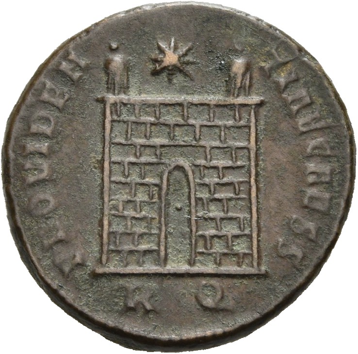 RIC VII Rome 268 Constantine I reverse, Camp gate with two turrets, without doors, with varying stone layers; star above