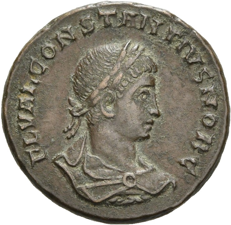 RIC VII Rome 268 Constantine I obverse, Bust of Constantius II, laureate, draped, cuirassed, right, seen from behind