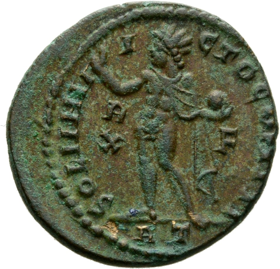 RIC VII Rome 27 Licinius reverse, Sol, radiate, chlamys draped across left shoulder, standing left, raising right hand and...