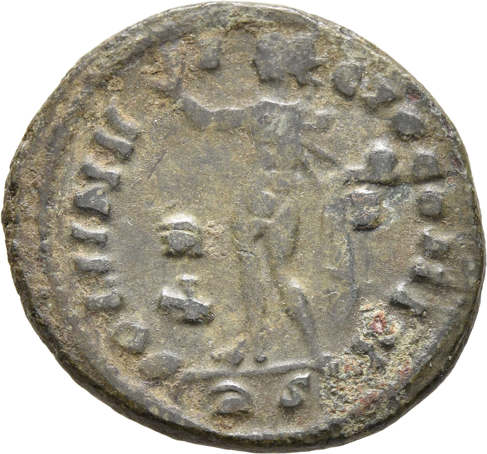RIC VII Rome 27 Licinius reverse, Sol, radiate, chlamys draped across left shoulder, standing left, raising right hand and...