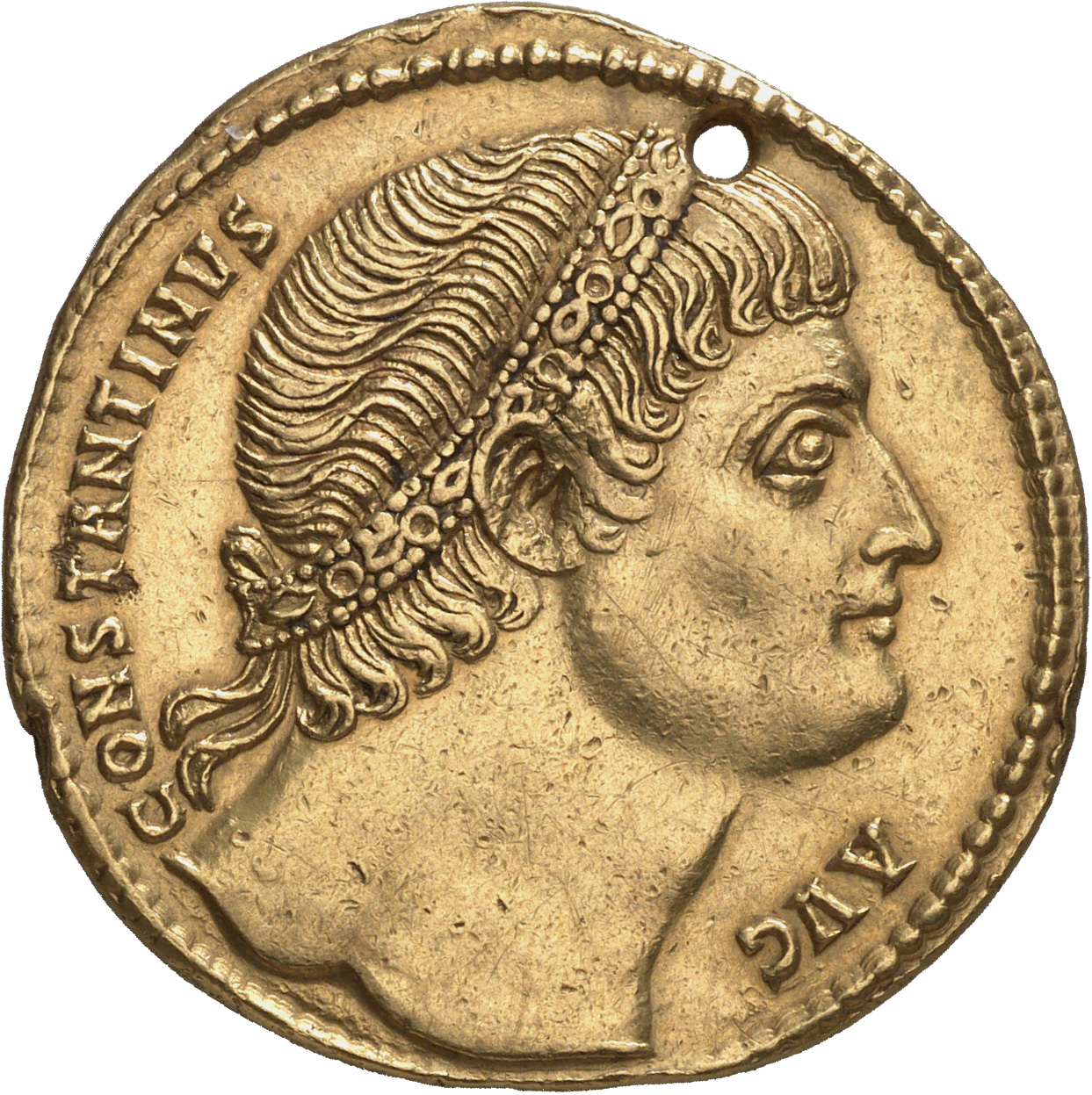 Constantine I obverse — Head of Constantine I, diademed, right, looking upward