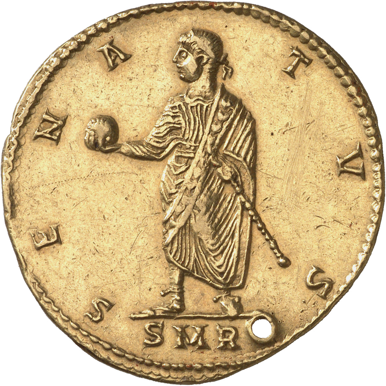 Constantine I reverse — Constantine I, laureate, togate, standing left, holding globe in right hand and sceptre in left hand