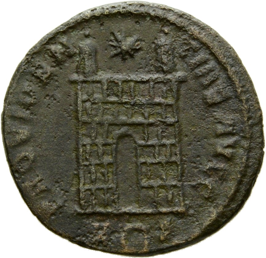 RIC VII Rome 287 Constantine I reverse, Camp gate with two turrets, without doors, with varying stone layers; star above