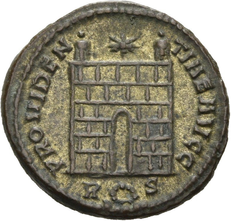 RIC VII Rome 287 Constantine I reverse, Camp gate with two turrets, without doors, with varying stone layers; star above