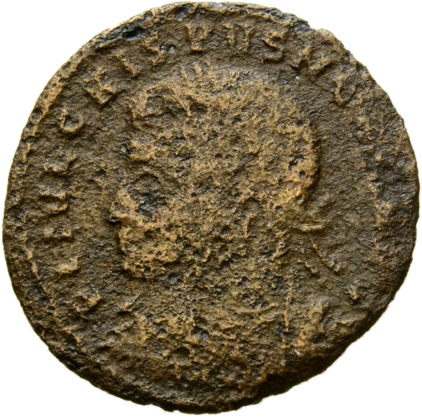 RIC VII Rome 288 Constantine I obverse, Bust of Crispus, laureate, draped, cuirassed, left