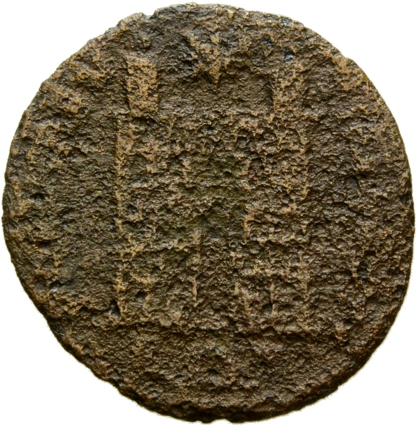 RIC VII Rome 288 Constantine I reverse, Camp gate with two turrets, without doors, with varying stone layers; star above