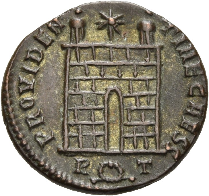 RIC VII Rome 288 Constantine I reverse, Camp gate with two turrets, without doors, with varying stone layers; star above
