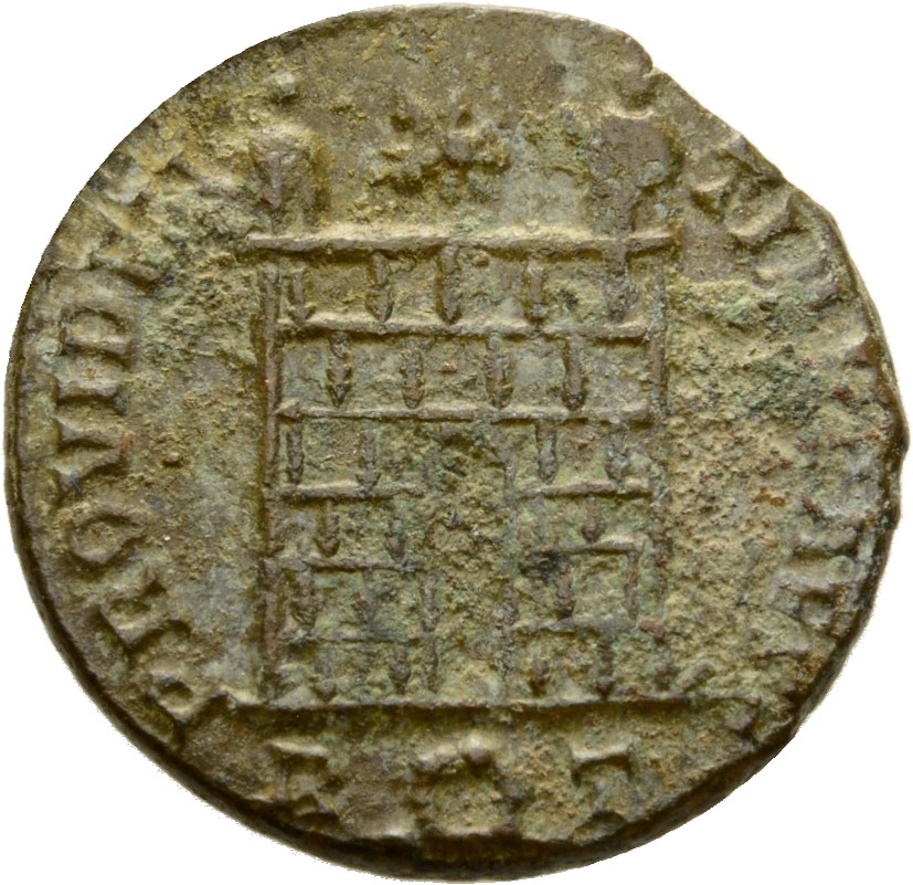 RIC VII Rome 289 Constantine I reverse, Camp gate with two turrets, without doors, with varying stone layers; star above