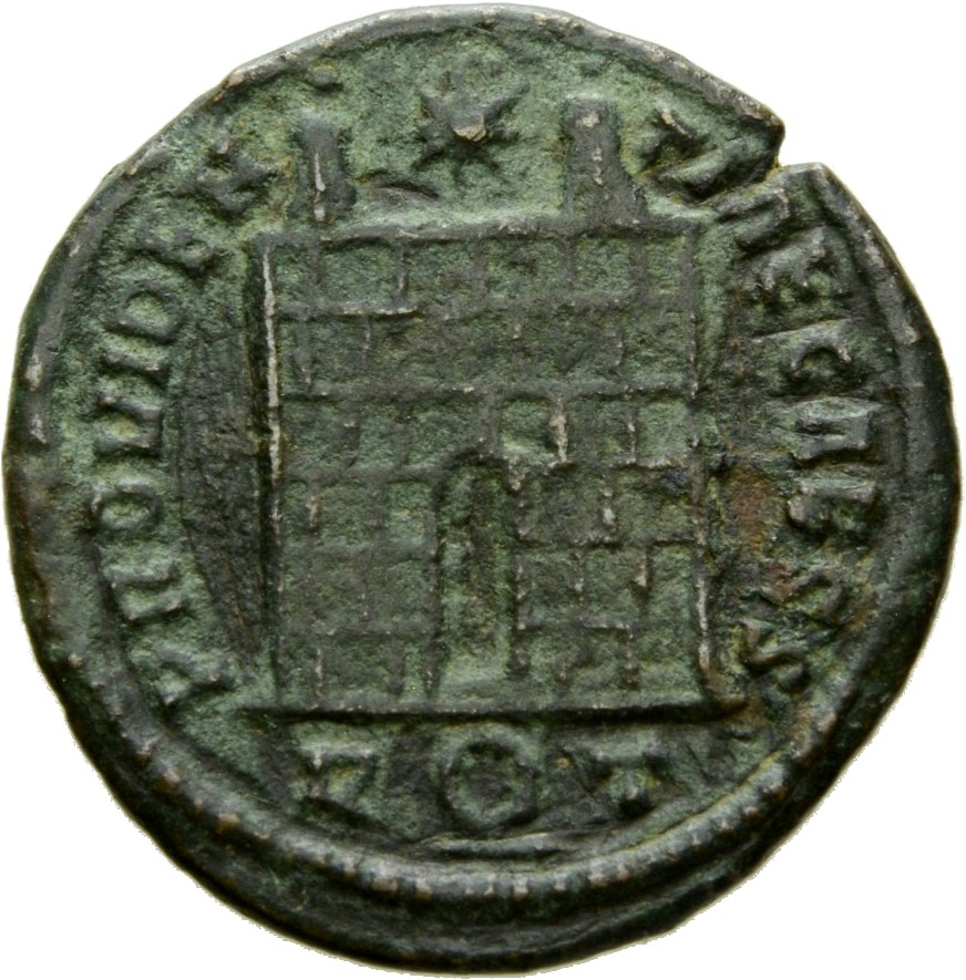 RIC VII Rome 289 Constantine I reverse, Camp gate with two turrets, without doors, with varying stone layers; star above