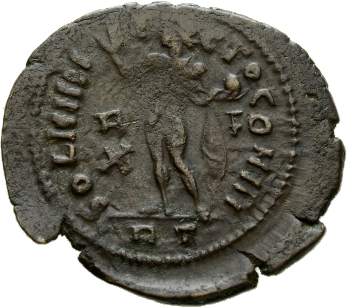 RIC VII Rome 29 Licinius reverse, Sol, radiate, chlamys draped across left shoulder, standing left, raising right hand and...