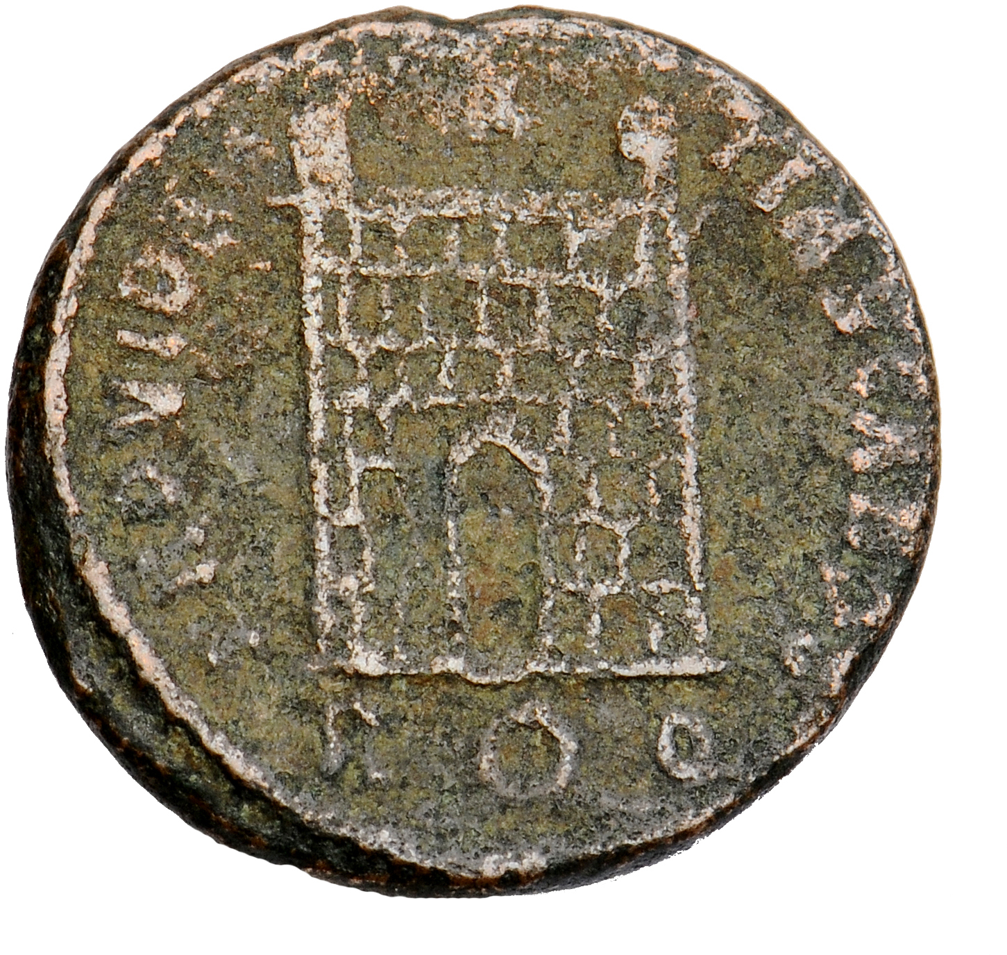 RIC VII Rome 290 Constantine I reverse, Camp gate with two turrets, without doors, with varying stone layers; star above