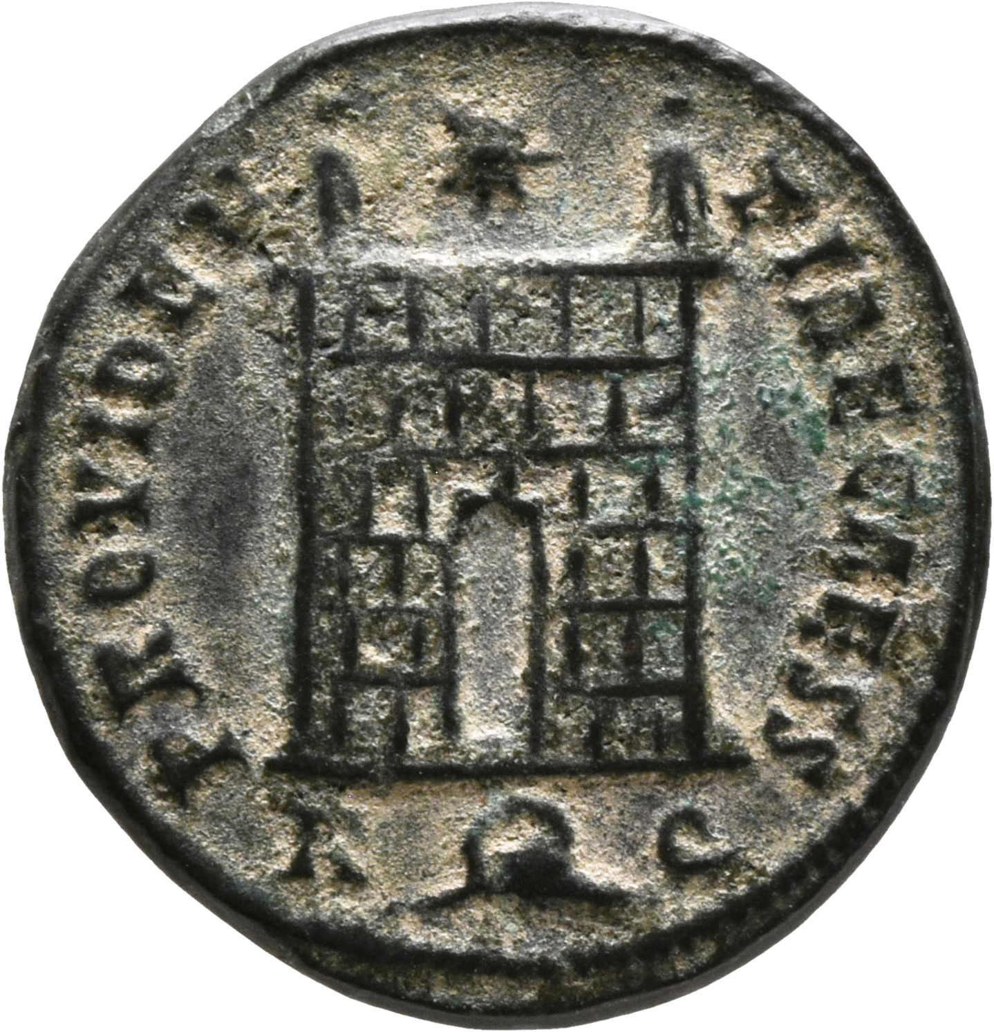 RIC VII Rome 290 Constantine I reverse, Camp gate with two turrets, without doors, with varying stone layers; star above