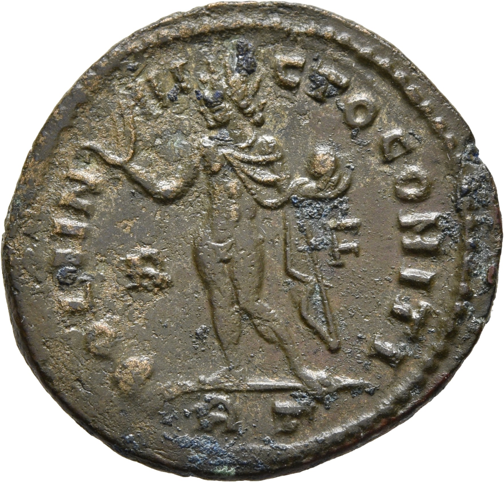 RIC VII Rome 3 Licinius reverse, Sol, radiate, chlamys draped across right shoulder, standing left, raising right hand and...