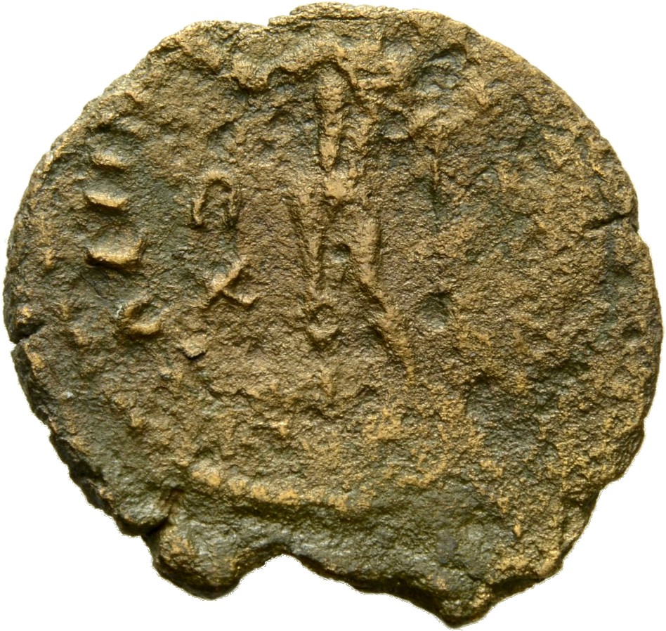 RIC VII Rome 30 Licinius reverse, Sol, radiate, chlamys draped across left shoulder, standing left, raising right hand and...